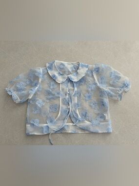 LEDIN Blue Floral Sheer Organza Cropped Blouse Puff Sleeve Medium Peter Pan